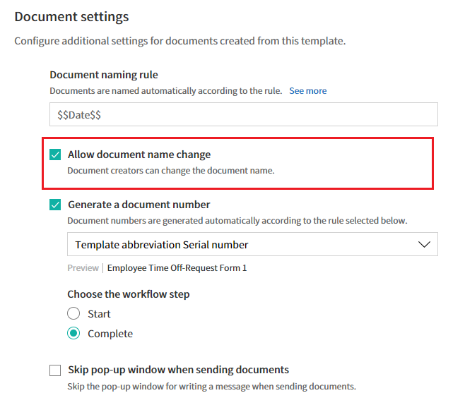 Checking the Allow Document Name Change Option