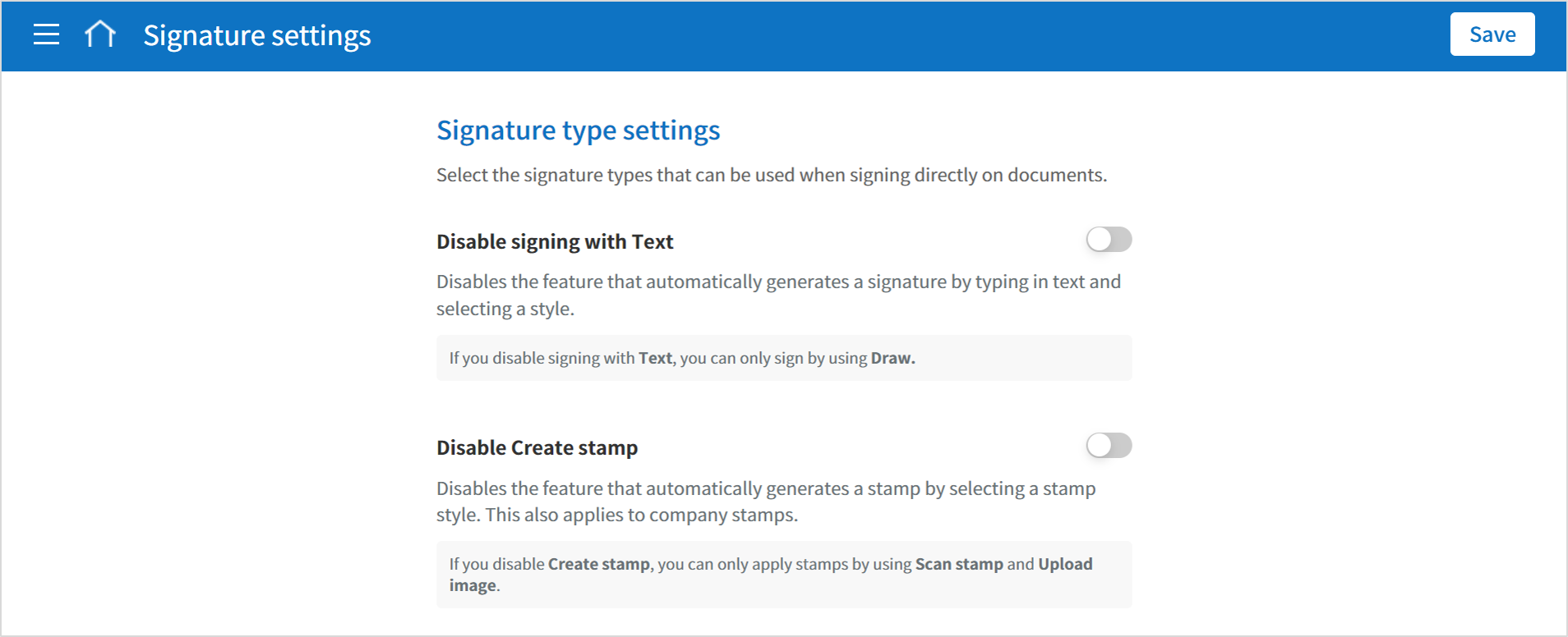 Signature type settings