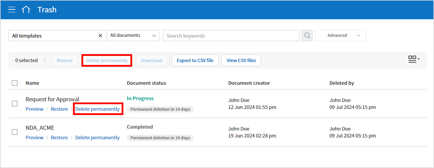 Permanently deleting a document from Trash